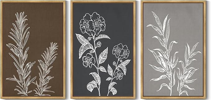 Drsoum Botanical Boho Vintage Flower Wall Art Framed Retro Floral Prints Wildflower Neutral Rustic Bohemain Artwork Kitchen Living Room Ready to Hang 24x36in Natural Framed
