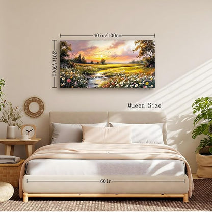 crmotu Sunset Landscape Wall Art, Country River Scenery Large Painting, Nature Wildflower Daisy Artwork for Walls, Rustic Canvas Pictures Wall Decor Living Room Bathroom Kitchen Prints 20X40 In