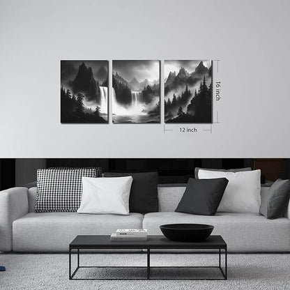 CIRABKY Foggy Forest Wall Art for Living Room - Mountains Canvas Wall Art for Office - Black and White 3 Piece Wall Decor Size 12" x 16"