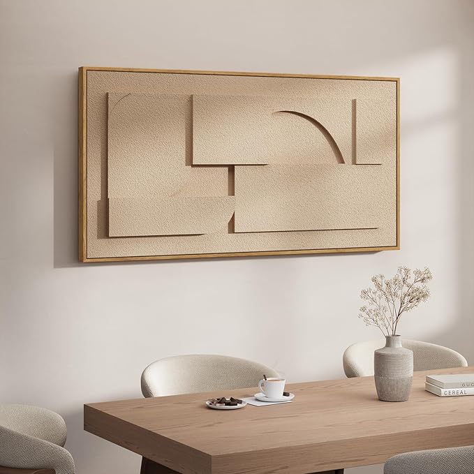 Large Framed 3D Neutral Abstract Wall Art for Living Room, Horizontal Modern Textured Paintings Artwork for Walls, Beige Geometric Pictures Wall Decor for Bedroom Dining Room Home Office, 60x30 In