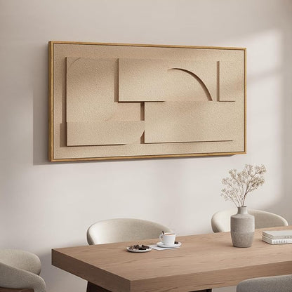 Large Framed 3D Neutral Abstract Wall Art for Living Room, Horizontal Modern Textured Paintings Artwork for Walls, Beige Geometric Pictures Wall Decor for Bedroom Dining Room Home Office, 60x30 In