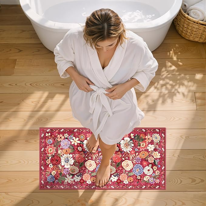 2x4 Entryway Runner Rugs, Non Slip Washable Rugs with Rubber Backing Soft Floral Carpet Runner for Kitchen, Laundry, Bedroom, Bathroom, Red Garden, 2 x 4