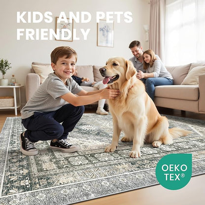 zesthome 8x10 Area Rugs for Living Room,Non-Slip Backing Washable Rugs,Vintage Large Area Rug，Stain Resistant Home Decor Rug (Wheat/Charcoal,8'x10')