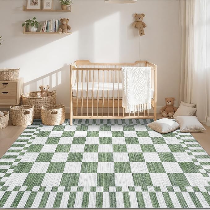 GarveeHome Sage Green Checkered Rug 4×6 Area Rugs for Living Room，Non-Slip Washable Rug Soft Low-Pile, Neutral Modern Farmhouse Geometric Rugs for Bedroom Dining Room Office