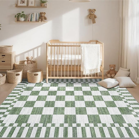 GarveeHome Sage Green Checkered Rug 6×9 Area Rugs for Living Room，Non-Slip Washable Rug Soft Low-Pile, Modern Farmhouse Geometric Rugs for Bedroom Dining Room