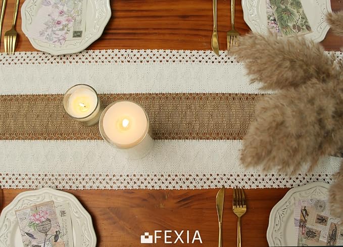 FEXIA Boho Table Runner for Summer Home Coffee Decor with Tassels 36 Inches Long Farmhouse Rustic Table Cloth Cream & Brown Macrame for Kitchen Dining Bedroom Decor Bridal Shower (12x36Inches)