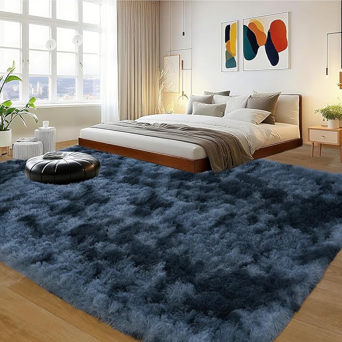 8x10 Area Rugs for Living Room Bedroom, Ultra Soft Fluffy Tie-Dyed Blue Grey Large Rug Carpet for Bedroom, Upgrade Non-Slip Fuzzy Shag Rugs for Nursery Boys Girls Kids Room Modern Indoor Home Decor