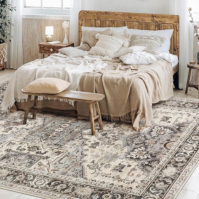 Area Rug for Living Room - 10x14 Soft Machine Washable Oriental Vintage Floral Distressed Large Indoor Floor Carpet for Bedroom Under Dining Table Home Office Decor - Brown