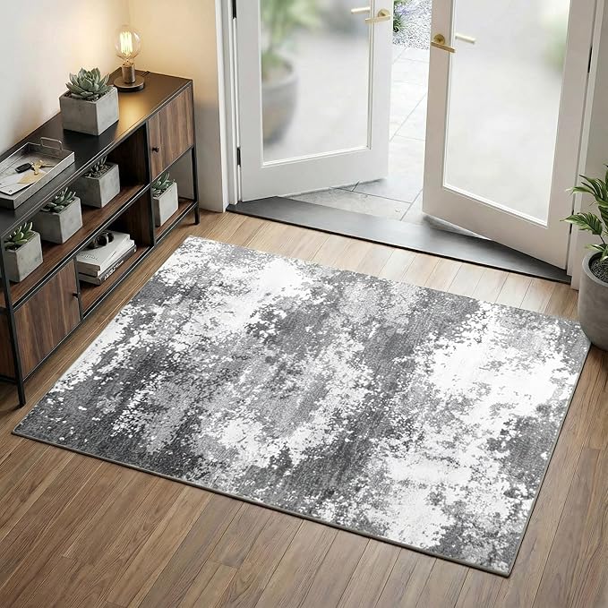2x4 Washable Porch Rug Grey Welcome Door Mat Entrance 24x48, Small Runner Rugs for Kitchen Floor, Bath, Front Door, Bedroom Bedside, Non-Slip Low Pile Stain & Fade Resistant, Abstract Gray
