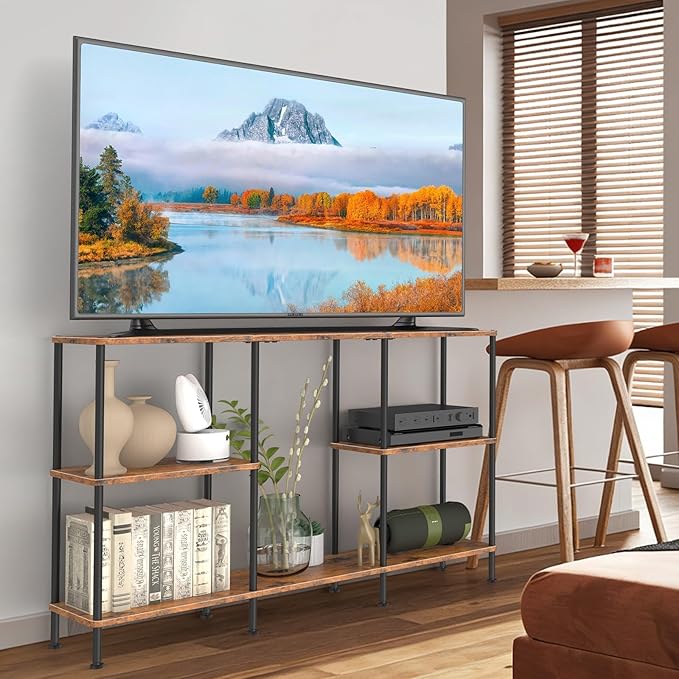 50 Inch TV Stand, Tall Entertainment Center with Open Storage Shelves,3 Tier Tall Farmhouse TV Console Table for Small Spaces, Media Cabinet Rustic Entertainment Center for Living Room Bedroom, Brown