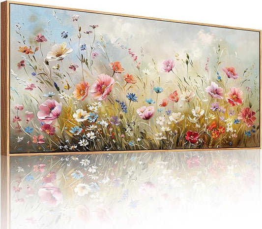 crmotu Floral Wall Art, Extra Large Wall Art, Flower Wall Decor, Oversized Framed Artwork for Walls, Colorful Wildflower Art Prints, Botanical Painting for Living Room Office Dining Room Hotel 32"x71"