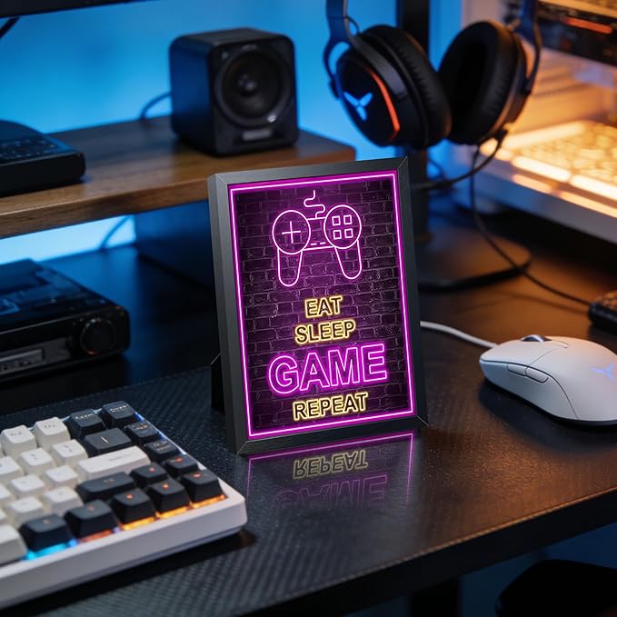 Framed Game Wall Art, Boys Game Room Wall Decor Painting, Purple Neon Gaming Controller Canvas Print Poster for Kids Room Teen Bedroom Game Room 8x10 Inch