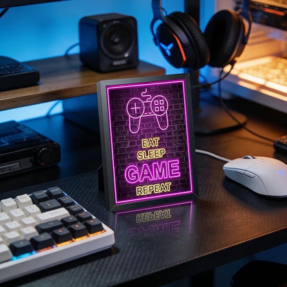 Framed Game Wall Art, Boys Game Room Wall Decor Painting, Purple Neon Gaming Controller Canvas Print Poster for Kids Room Teen Bedroom Game Room 8x10 Inch