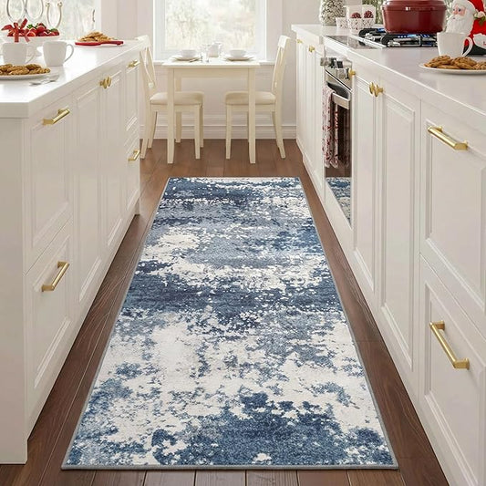 Blue Rug Runners for Hallways Kitchen 2.6x8 Non Slip Washable Entryway Runner Rugs with Rubber Backing 8ft Long Carpet Runner for Laundry Bedroom, Low Pile Stain & Fade Resistant, Abstract Navy