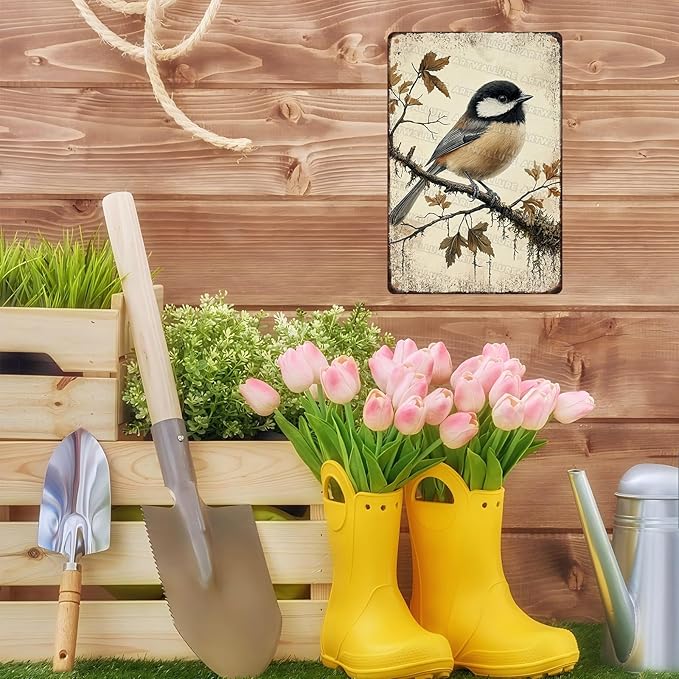 Chickadee Bird Metal Tin Sign Rustic Wall Decor Vintage Wildlife Art Nature Theme Cottagecore Home Decor Quote 8x12inch