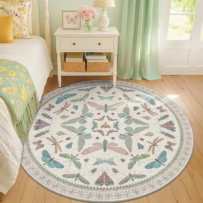 Hazo Haus Green and Blue Insect 6ft Round Soft Rugs for Nursery, Bedroom Beside Bed - Non Skid Rug Low Pile Washable Living Room Rugs, Forest Butterfly Design Stain Resistant Home Décor