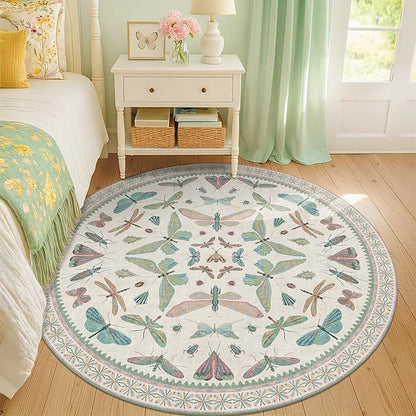 Hazo Haus Green and Blue Insect 6ft Round Soft Rugs for Nursery, Bedroom Beside Bed - Non Skid Rug Low Pile Washable Living Room Rugs, Forest Butterfly Design Stain Resistant Home Décor