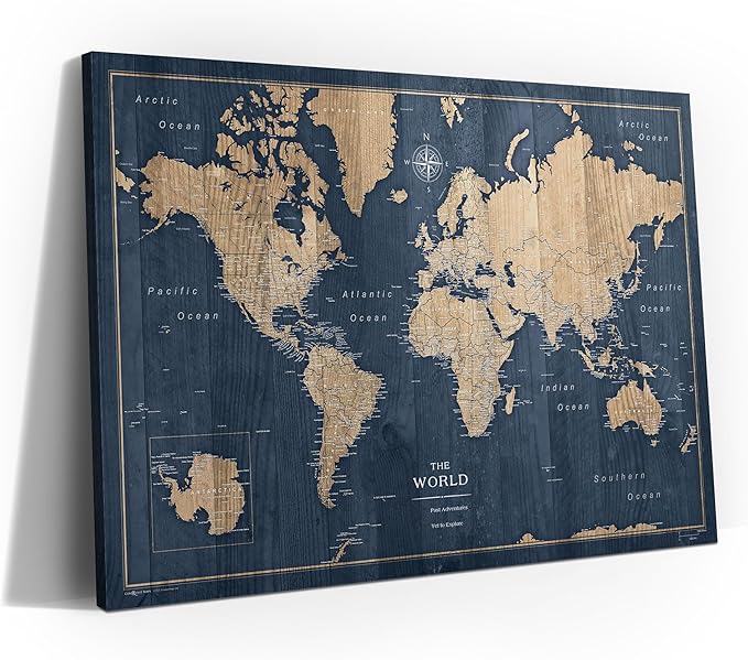 Conquest Maps World Travel Map with Pins Deep-Sea Drift Style Push Pin Travel Map Cork Board, Track Your Travels w/a Handmade Unique Canvas Pinable Map (36" x 24")