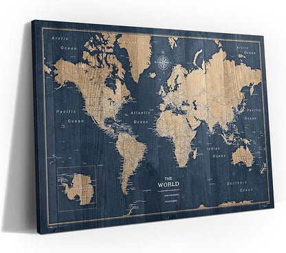 Conquest Maps World Travel Map with Pins Deep-Sea Drift Style Push Pin Travel Map Cork Board, Track Your Travels w/a Handmade Unique Canvas Pinable Map (36" x 24")