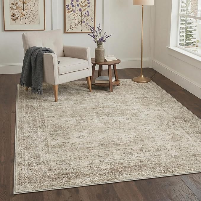 GENIMO 6x9 Area Rugs for Living Room, Machine Washable Non Slip Vintage Rugs, Low Pile Lightweight Chenille Print Rug for Bedroom, Dining Room, Home Office, Ivory