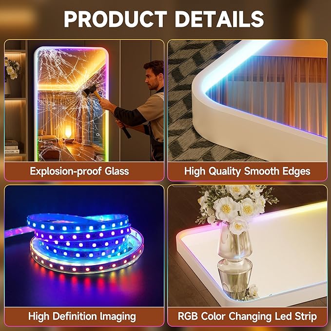 Hasipu 47"x16" LED RGB Door Mirror Full Length with Bluetooth Speaker, Full Body Wall Mirror with Lights, Door Hanging & Wall Mounted Mirror for Bedroom, Living Room, Cloakroom