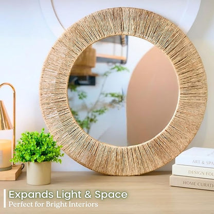 Chi An Home 24 Inch Natural Jute Mirror, Wall Mounted Round Mirror with Metal Frame, Wall Decor Rustic Farmhouse Boho Decor Accent for Bathroom, Bedroom, Living Room, or Entryway
