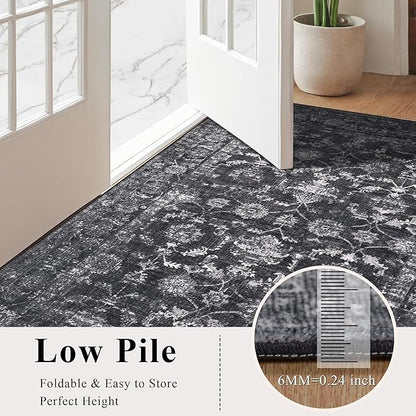 3x10 Black Runner Rug Hallway Washable Area Rugs Kitchen Vintage Boho Non Slip Long Rug Floral Carpet Indoor Retro Soft Low Pile Throw Rug for Bedroom Bathroom Laundry Dining Living Room Office