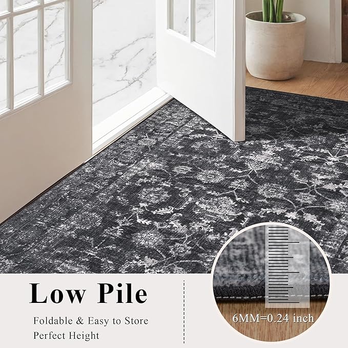 2x8 Black Runner Rug Hallway Washable Area Rugs Kitchen Vintage Boho Non Slip Long Rug Floral Carpet Indoor Retro Soft Low Pile Throw Rug for Bedroom Bathroom Laundry Dining Living Room Office