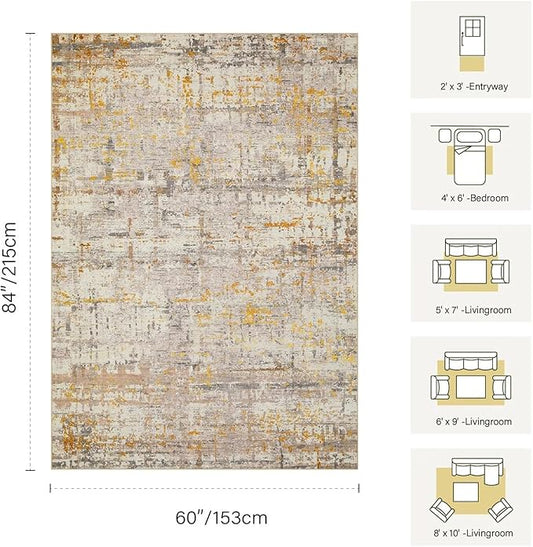 5x7 Area Rugs for Bedroom Living Room,Non-Slip Washable Modern Neutral Abstract Rugs for Dining Room, Foldable Thin Indoor Carpet Stain Resistant(Beige Gold)