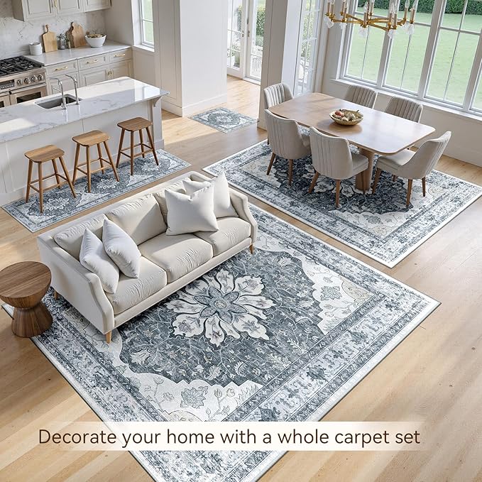 RELEANY Area Rugs 7'x9' Washable Non-Slip, Floral Vintage Distress Print Pattern Medallion Carpet for Living Room Bedroom Dining Room, Light Gray Grey White