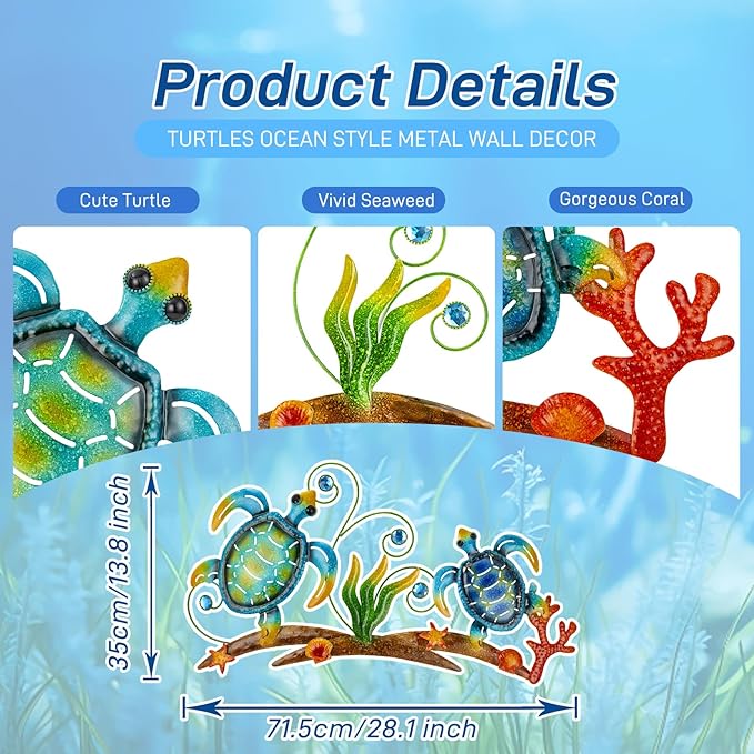 dreamskip 27" Sea Turtles Metal Beach Wall Decor Art, Coastal Ocean Style Wall Sculpture, Nautical Outdoor Decor For Garden, Pool, Fence, Patio, Bathroom Indoor
