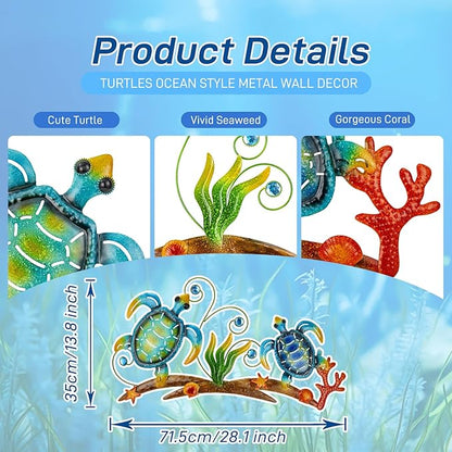 dreamskip 27" Sea Turtles Metal Beach Wall Decor Art, Coastal Ocean Style Wall Sculpture, Nautical Outdoor Decor For Garden, Pool, Fence, Patio, Bathroom Indoor
