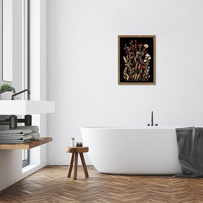 Framed Vintage Floral Wall Art, Dark Wildflower Botanical Canvas Wall Decor Paintings, Rustic Moody Flower Artwork Poster Print Picture for Bathroom Bedroom Living Room 16x24 Inch