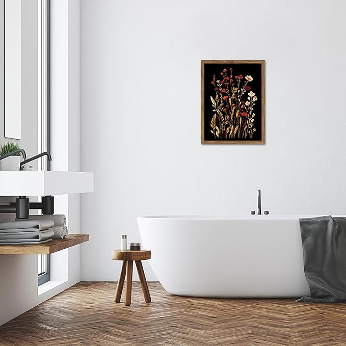 Framed Vintage Floral Wall Art, Dark Wildflower Botanical Canvas Wall Decor Paintings, Rustic Moody Flower Artwork Poster Print Picture for Bathroom Bedroom Living Room 12x16 Inch