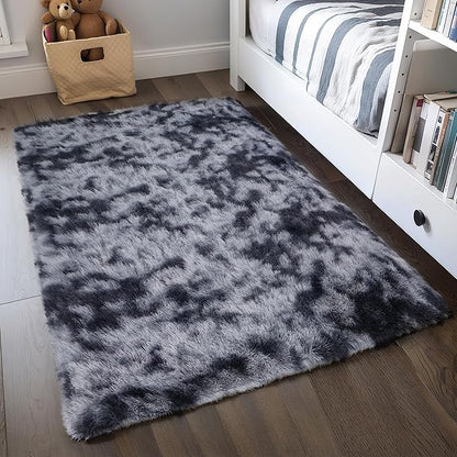 KICHOWUA Area Rug 5x7 Dark Grey Fluffy Shag for Bedroom, Extra Soft Plush Fuzzy Washable Thickened Non-Slip Carpet, Modern Furry Shaggy Rug for Living Room Kids Nursery Dorm Room, Tie-Dye Gray