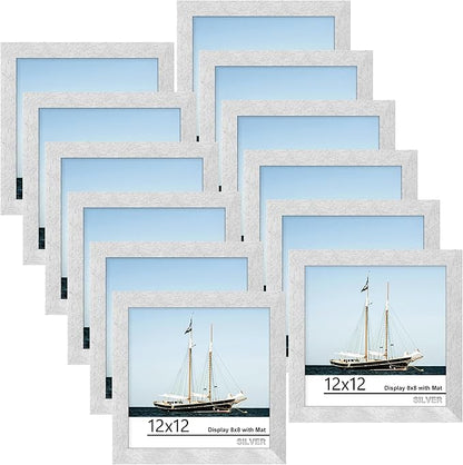 Picrit 12x12 Picture Frame Set of 12, Display 8x8 with Mat or 12 x 12 without Mat, Photo Frames for Wall Mounting Display, Silver