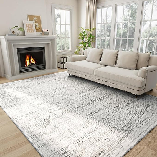 5x7 Area Rugs Washable Rug: Anti-Skid Abstract Modern Living Room Rug Soft Thin Carpets Indoor Floor Non-Shedding Carpet for Bedroom Dining Farmhouse Nursery Home Office (White Gray, 5'x7')