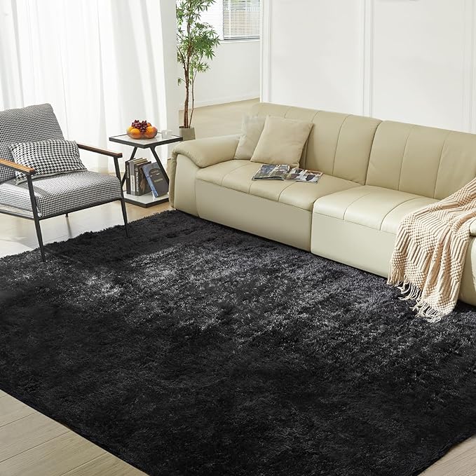 Ultra Soft Rug for Living Room, 3X5 Fluffy Shag Area Rug for Bedroom, Modern Shaggy Carpets Fuzzy Rug for Teens Dorm Nursery Home Decor Aesthetic, Upgrade Anti-Skid Durable, Black