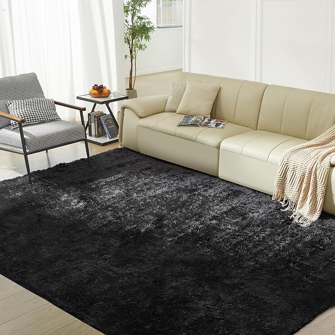 Ultra Soft Rug for Living Room, 6X9 Fluffy Shag Area Rug for Bedroom, Modern Shaggy Carpets Fuzzy Rug for Teens Dorm Nursery Home Decor Aesthetic, Upgrade Anti-Skid Durable, Black