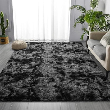 Deerhoo Large Shag Area Rugs 6 x 9, Tie-Dyed Plush Fuzzy Rugs for Living Room, Ultra Soft Fluffy Furry Rug for Bedroom, Indoor Carpet Nursery Rugs for Kids Room Home Decor, Dark Grey