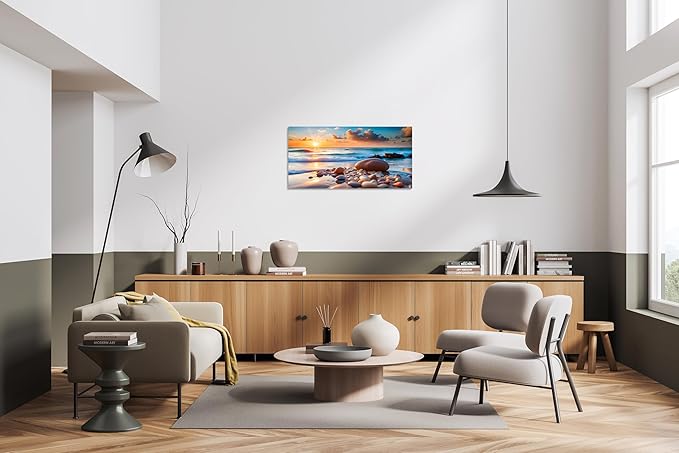 TutuBeer 1 Panel Beach Pictures Wall art Beach Pictures Blue Sea Sunset White Ocean with Stone Print on Canvas Ocean Picture Wall Decor for Home Decor Decoration Ready to Hang 16x32inch