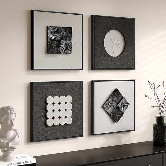 3D Wood Textured Framed Black and White Wall Art Set, Modern Neutral Abstract Geometric Paintings Artwork for Walls, Minimalist Black Wooden Pictures Wall Decor for Living Room Hallway Dining Bedroom