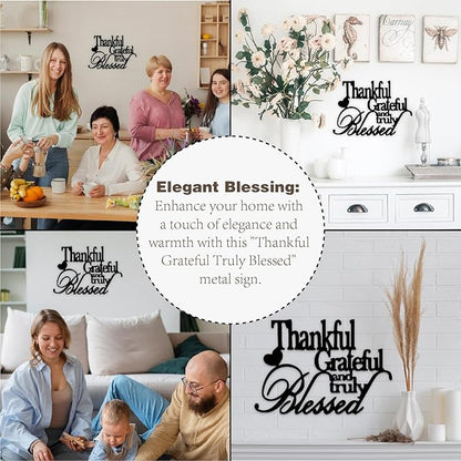 Hppybiry Thankful Grateful Blessed Wall Decor Black Metal Wall Art Thankful Grateful and Truly Blessed Sign Home Decor Entryway Living Room Decoration Signs - 28 Inches