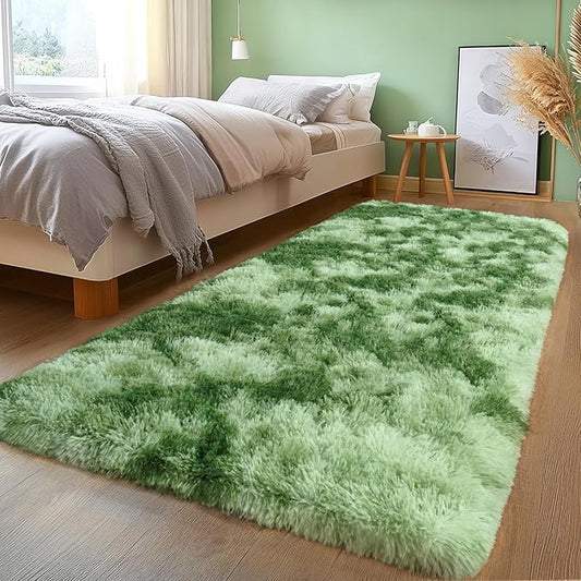 Fluffy Rugs for Living Room, Soft Shaggy Carpets for Living Room, Upgrade Anti-Slip Fuzzy Rugs for Kids' Room, Perfect Decor for Modern Home Tie Dye Green 2x6Feet