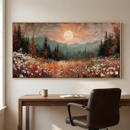 BQVCT Mountain Landscape Wall Art 20x40 Inch Wildflower Meadow Moon Framed Canvas Print Nature Scenery Painting Decor for Living Room Bedroom Office