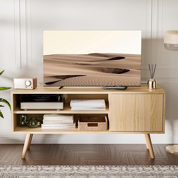 Cozy Castle TV Stand for 48-55 Inch TV, Mid Century Modern Entertainment Center with Storage Cabinet, TV Media Console with Charging Station for Living Room (Oak, 43.3" W x 15.7" D x 19.5" H)