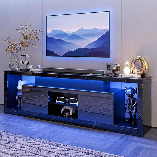 70 Inch TV Stand with LED Lights & Power Outlet, Modern Entertainment Center with Color-Changing RGB LED Strip, Sound Sync, App/Remote Control, High Gloss Black Marble Media Console for Living Room