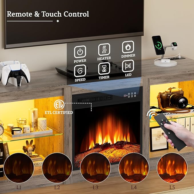 Kucreiheat 58 inch TV Stand with Fireplace-Entertainment Center with LED & Outlet for 65 inch TV-Grey Media Console with Adjustable Glass Shelves, Modern TV Table for Living Room/Bedroom