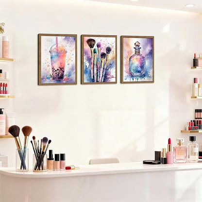 Framed Teen Girls Bedroom Wall Art Set of 3, Pink and Purple Splash Canvas Prints, Makeup Enthusiast Pictures Posters, Drinks Cosmetic Wall Decor for Teenage Girl Room Decor – 16x24 inch