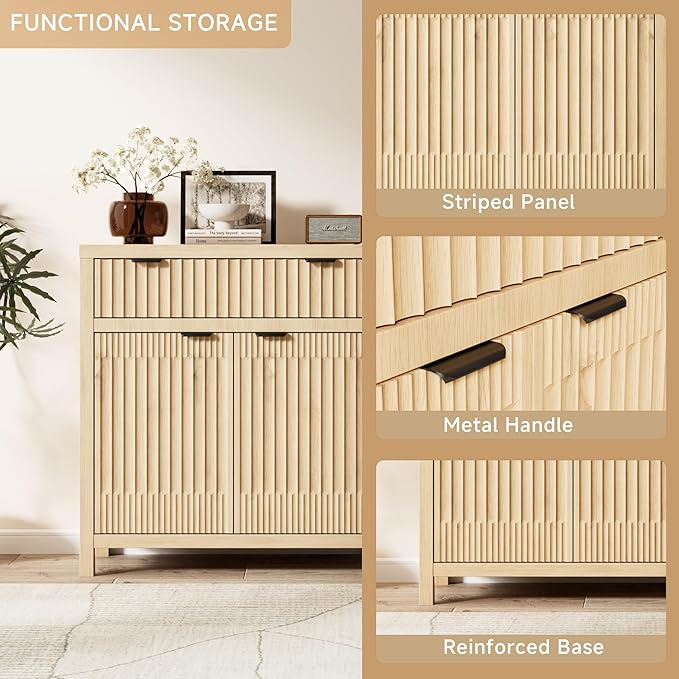 Fatmok Fluted Buffet Cabinet with Storage Set of 2, 34" Tall Modern Arched Sideboard Cabinet w/AdjustableShelves,Wooden Modular Coffee Bar for Dining Room, Kitchen, Living Room, Entryway, Natural
